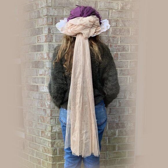 Victorian Edwardian Feather Floral Touring Riding Hat with Long Train - Picture 2 of 12